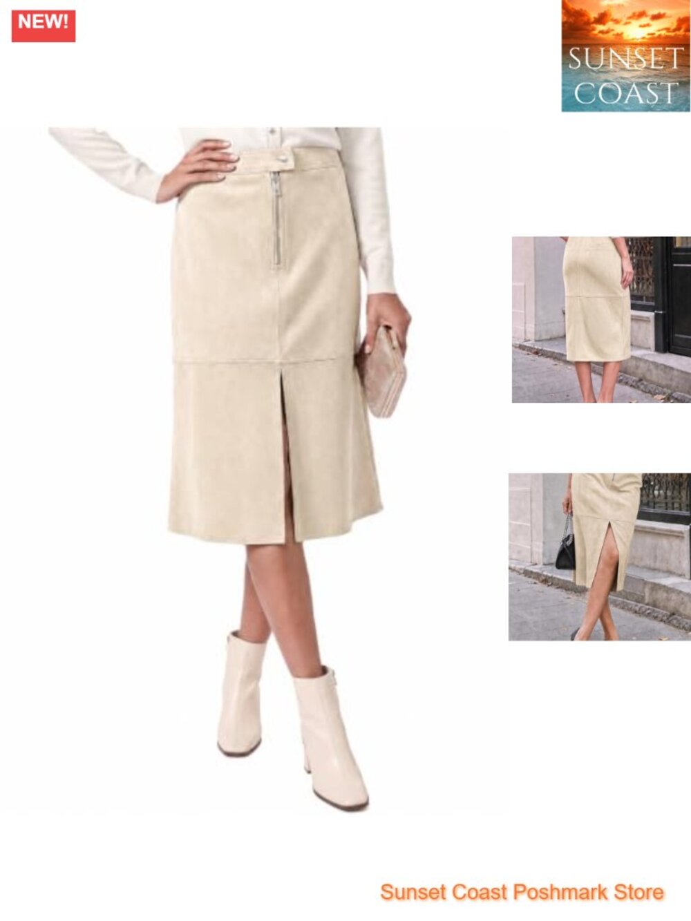 Faux Suede Midi Skirt High Waist A Line Vintage Slit Women's